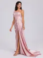 Sheath One-Shoulder Pleated Sweep Train Silk Like Satin Bridesmaid Dress