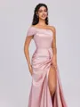 Sheath One-Shoulder Pleated Sweep Train Silk Like Satin Bridesmaid Dress