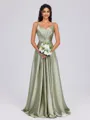 A-line V-neck Pleated Floor-Length Silk Like Satin Bridesmaid Dress