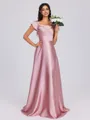 A-line Square Short Sleeves Floor-Length Silk Like Satin Bridesmaid Dress