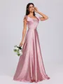 A-line Square Short Sleeves Floor-Length Silk Like Satin Bridesmaid Dress