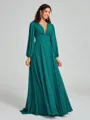 A-Line/Princess V-neck Sweep/Brush Train Long Sleeves Chiffon Bridesmaid Dress