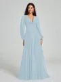 A-Line/Princess V-neck Sweep/Brush Train Long Sleeves Chiffon Bridesmaid Dress