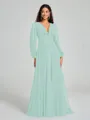 A-Line/Princess V-neck Sweep/Brush Train Long Sleeves Chiffon Bridesmaid Dress