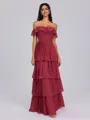 A-line Off-the-Shoulder Cascading Ruffles Ankle-Length Chiffon Bridesmaid Dress
