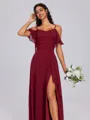 A-line Cold Shoulder Ruffles Floor-Length Chiffon Bridesmaid Dress