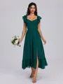 A-line V-neck Ruffles Tea-Length Chiffon Bridesmaid Dress