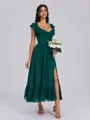 A-line V-neck Ruffles Tea-Length Chiffon Bridesmaid Dress