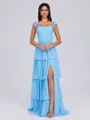 A-line Square Cascading Ruffles Floor-Length Chiffon Corset Bridesmaid Dress