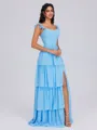 A-line Square Cascading Ruffles Floor-Length Chiffon Corset Bridesmaid Dress