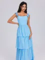 A-line Square Cascading Ruffles Floor-Length Chiffon Corset Bridesmaid Dress