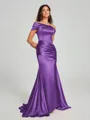 Sheath/Column Off-the-Shoulder Sweep/Brush Train Sleeveless Silk like Satin Bridesmaid Dress