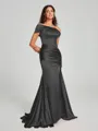 Sheath/Column Off-the-Shoulder Sweep/Brush Train Sleeveless Silk like Satin Bridesmaid Dress