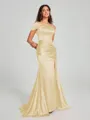 Sheath/Column Off-the-Shoulder Sweep/Brush Train Sleeveless Silk like Satin Bridesmaid Dress