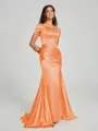 Sheath/Column Off-the-Shoulder Sweep/Brush Train Sleeveless Silk like Satin Bridesmaid Dress