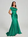 Sheath/Column Off-the-Shoulder Sweep/Brush Train Sleeveless Silk like Satin Bridesmaid Dress