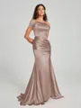 Sheath/Column Off-the-Shoulder Sweep/Brush Train Sleeveless Silk like Satin Bridesmaid Dress