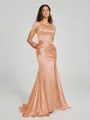 Sheath/Column Off-the-Shoulder Sweep/Brush Train Sleeveless Silk like Satin Bridesmaid Dress