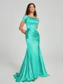Sheath/Column Off-the-Shoulder Sweep/Brush Train Sleeveless Silk like Satin Bridesmaid Dress