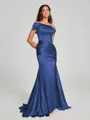 Sheath/Column Off-the-Shoulder Sweep/Brush Train Sleeveless Silk like Satin Bridesmaid Dress