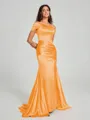 Sheath/Column Off-the-Shoulder Sweep/Brush Train Sleeveless Silk like Satin Bridesmaid Dress