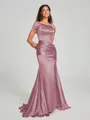 Sheath/Column Off-the-Shoulder Sweep/Brush Train Sleeveless Silk like Satin Bridesmaid Dress