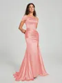 Sheath/Column Off-the-Shoulder Sweep/Brush Train Sleeveless Silk like Satin Bridesmaid Dress