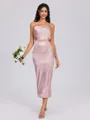 Sheath One-Shoulder Pleated Tea-Length Silk Like Satin Bridesmaid Dress