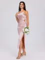 Sheath One-Shoulder Pleated Tea-Length Silk Like Satin Bridesmaid Dress