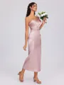 Sheath One-Shoulder Pleated Tea-Length Silk Like Satin Bridesmaid Dress