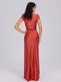 Sheath V-neck Short Sleeves Pleated Ankle-Length Silk Like Satin Bridesmaid Dress