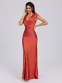 Sheath V-neck Short Sleeves Pleated Ankle-Length Silk Like Satin Bridesmaid Dress