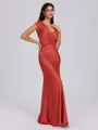 Sheath V-neck Short Sleeves Pleated Ankle-Length Silk Like Satin Bridesmaid Dress