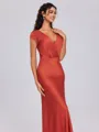 Sheath V-neck Short Sleeves Pleated Ankle-Length Silk Like Satin Bridesmaid Dress