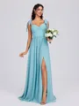 A-line Straps Pleated Floor-Length Chiffon Bridesmaid Dress