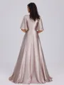 A-line V-neck 1/2 Sleeves Pleated Floor-Length Silk Like Satin Dress