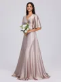 A-line V-neck 1/2 Sleeves Pleated Floor-Length Silk Like Satin Dress