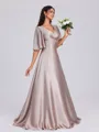 A-line V-neck 1/2 Sleeves Pleated Floor-Length Silk Like Satin Dress