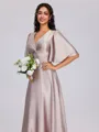A-line V-neck 1/2 Sleeves Pleated Floor-Length Silk Like Satin Dress