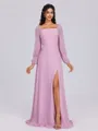 A-line Square Long Sleeves Bow Floor-Length Chiffon Bridesmaid Dress