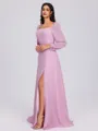 A-line Square Long Sleeves Bow Floor-Length Chiffon Bridesmaid Dress