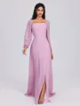 A-line Square Long Sleeves Bow Floor-Length Chiffon Bridesmaid Dress