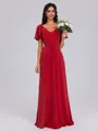 A-line V-neck Short Sleeves Pleated Floor-Length Bridesmaid Dress