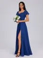 A-line Square Short Sleeves Pleated Floor-Length Chiffon Bridesmaid Dress