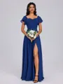 A-line Square Short Sleeves Pleated Floor-Length Chiffon Bridesmaid Dress