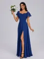 A-line Square Short Sleeves Pleated Floor-Length Chiffon Bridesmaid Dress
