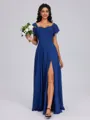 A-line Square Short Sleeves Pleated Floor-Length Chiffon Bridesmaid Dress