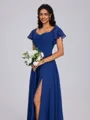 A-line Square Short Sleeves Pleated Floor-Length Chiffon Bridesmaid Dress