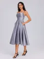 A-line Spaghetti Straps Pleated Tea-Length Satin Bridesmaid Dress