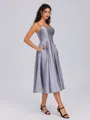 A-line Spaghetti Straps Pleated Tea-Length Satin Bridesmaid Dress
